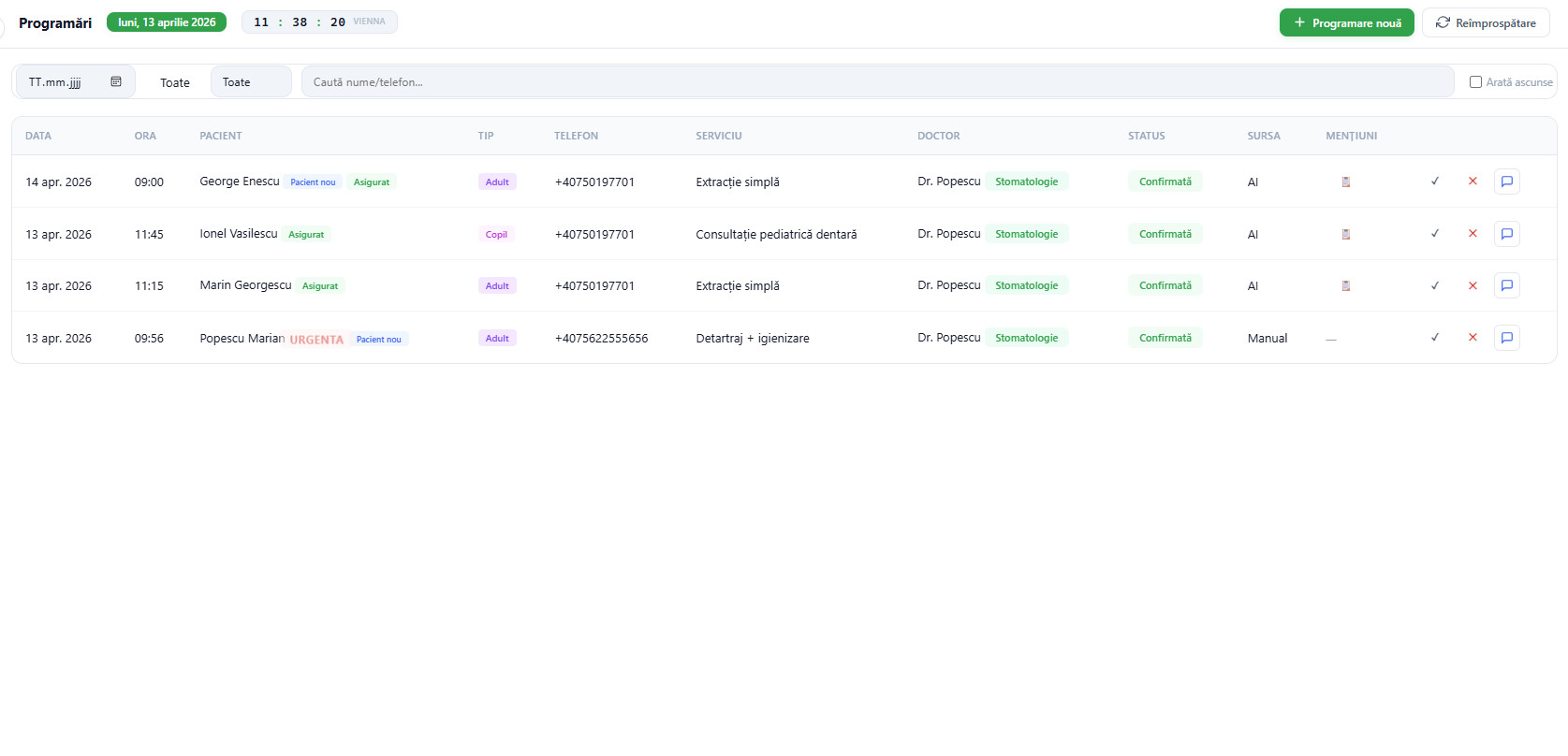 Lista programari clinica dentara