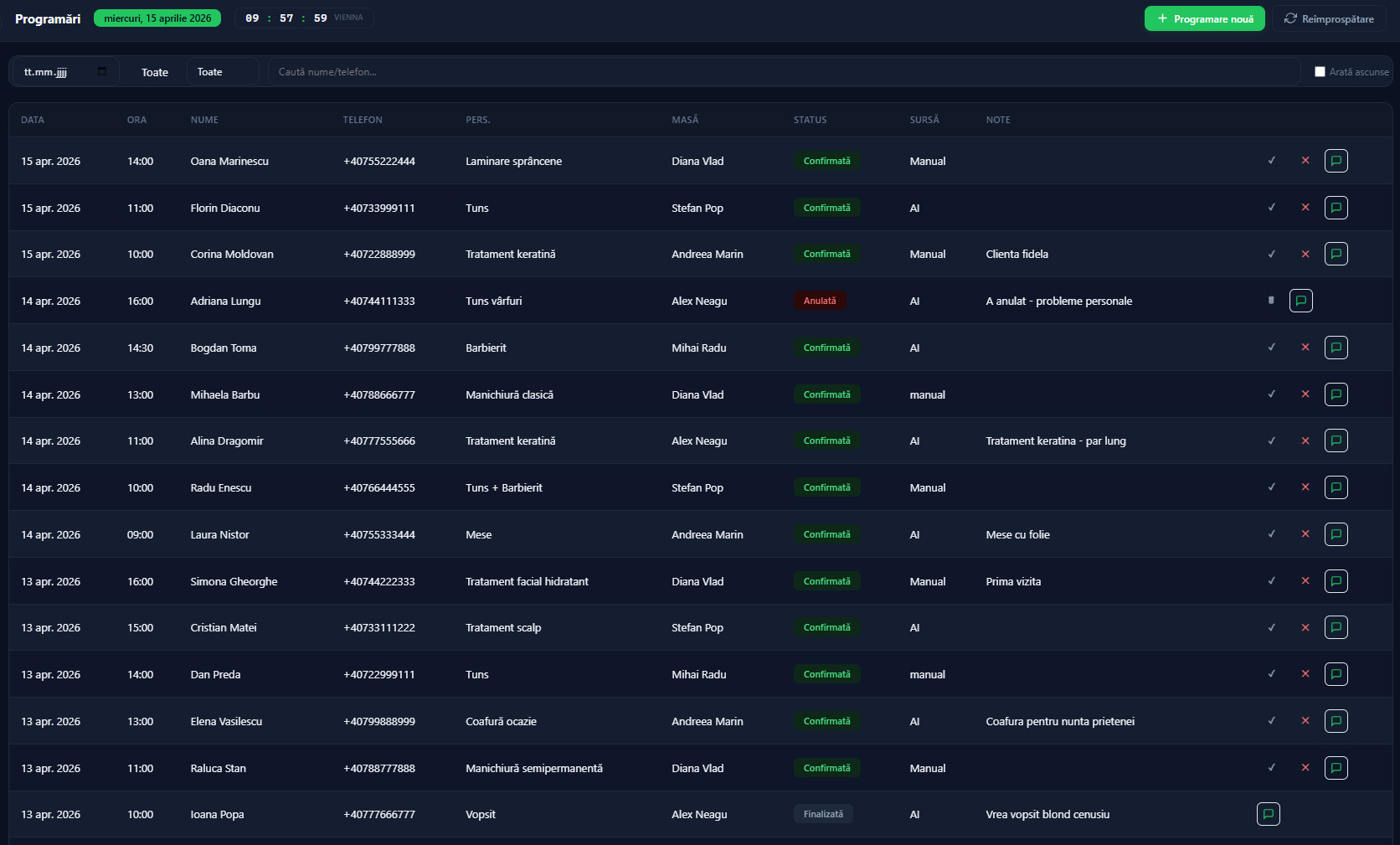 Lista programari salon