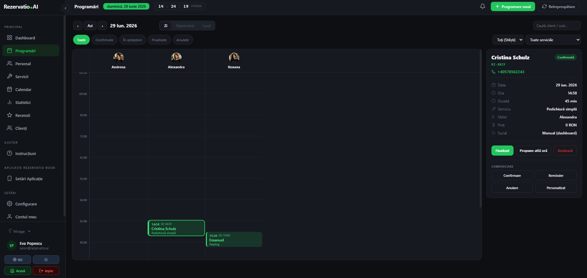 Dashboard Rezervatio.AI — programări, personal și statistici într-un singur loc